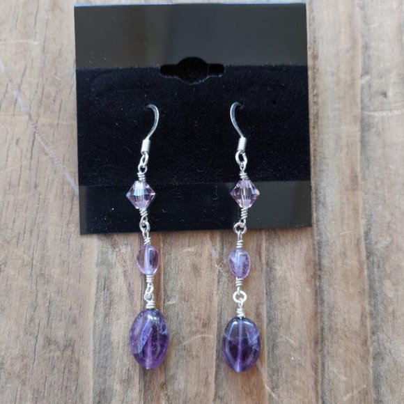 Handmade Purple Crystal Gem Fishhook Earrings - Picture 1 of 2